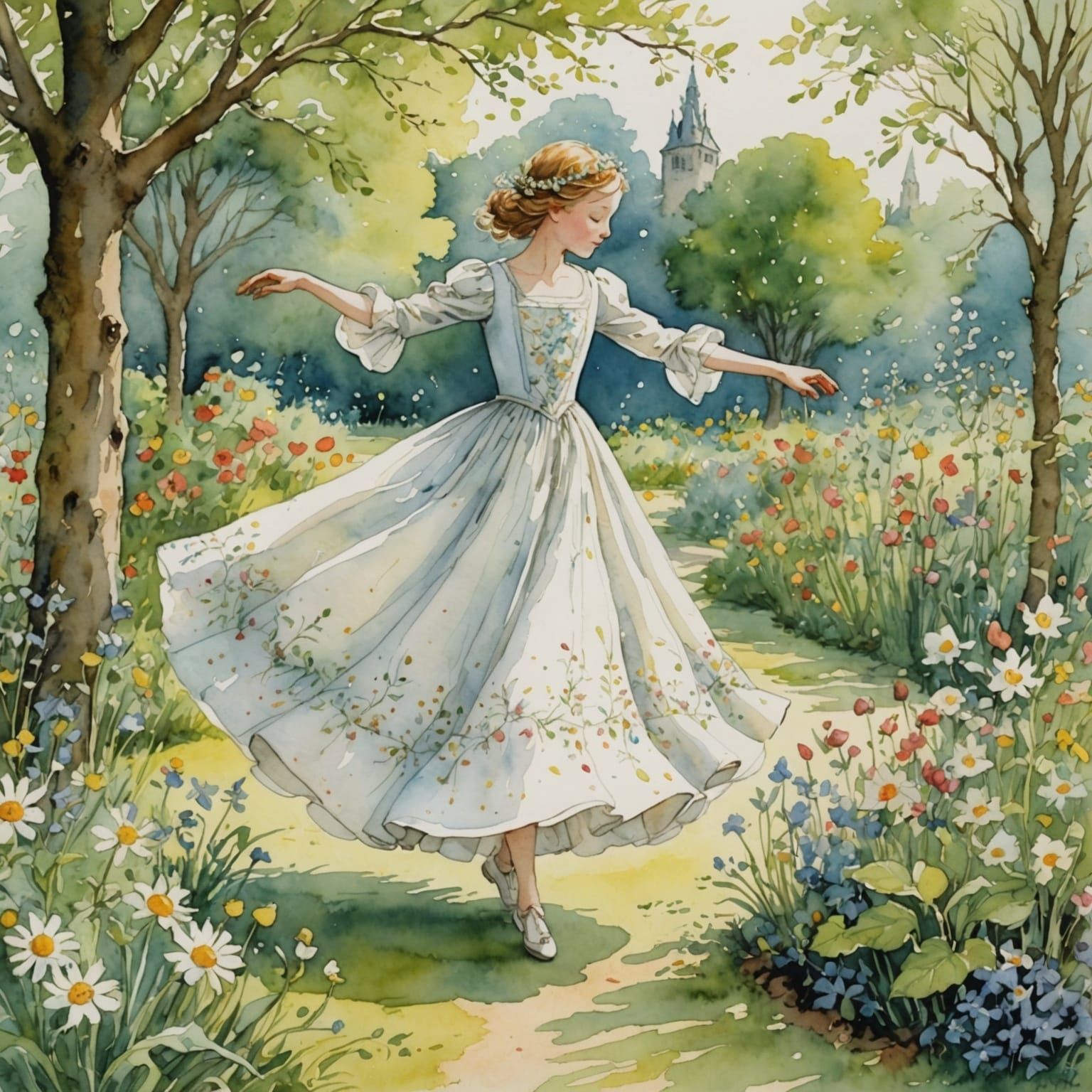 Girl Dancing in Spring Garden Watercolor Fairytale