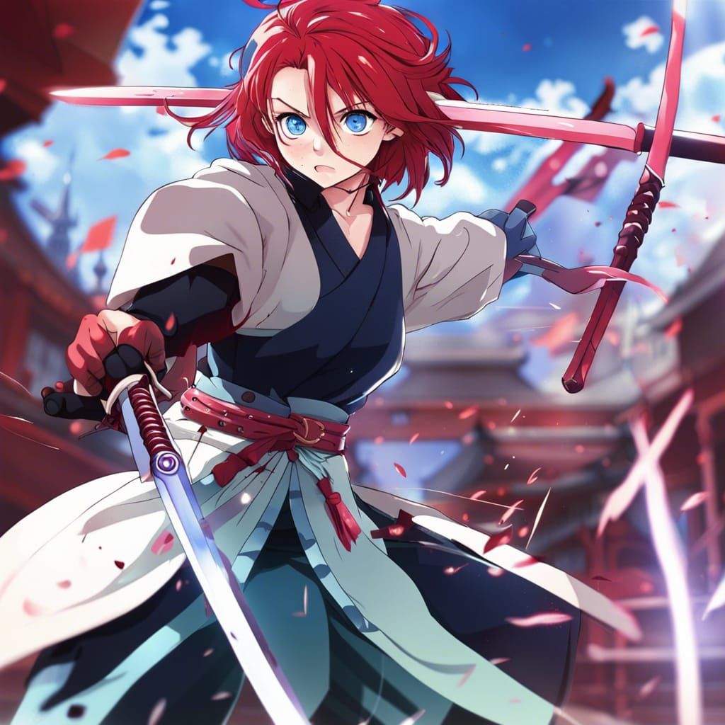 Anime Demon Slayer with Red Katana in Battle
