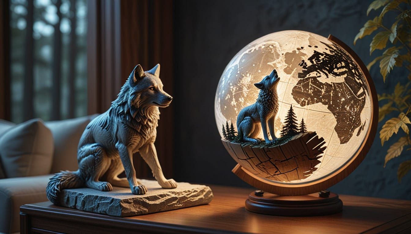 Ornate Wooden Moon Globe with Miniature Forest Scene