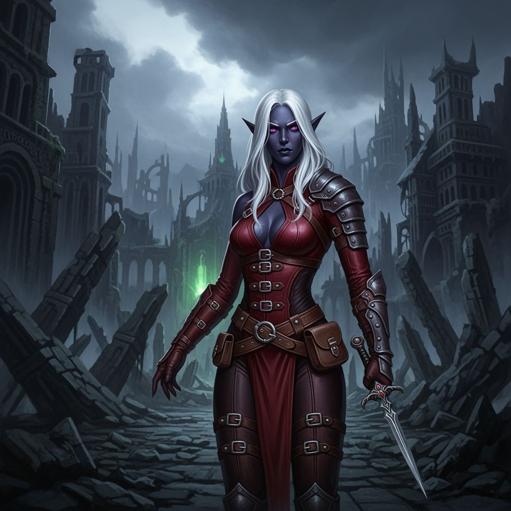 Drow Elf Exploring Forgotten City in Dark Fantasy Art
