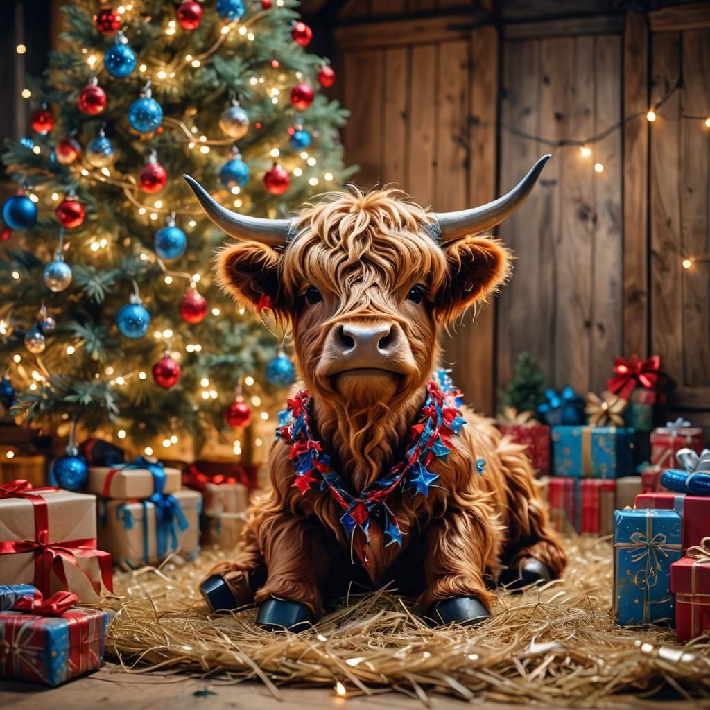 Festive Highland Cow in Cozy Christmas Barn