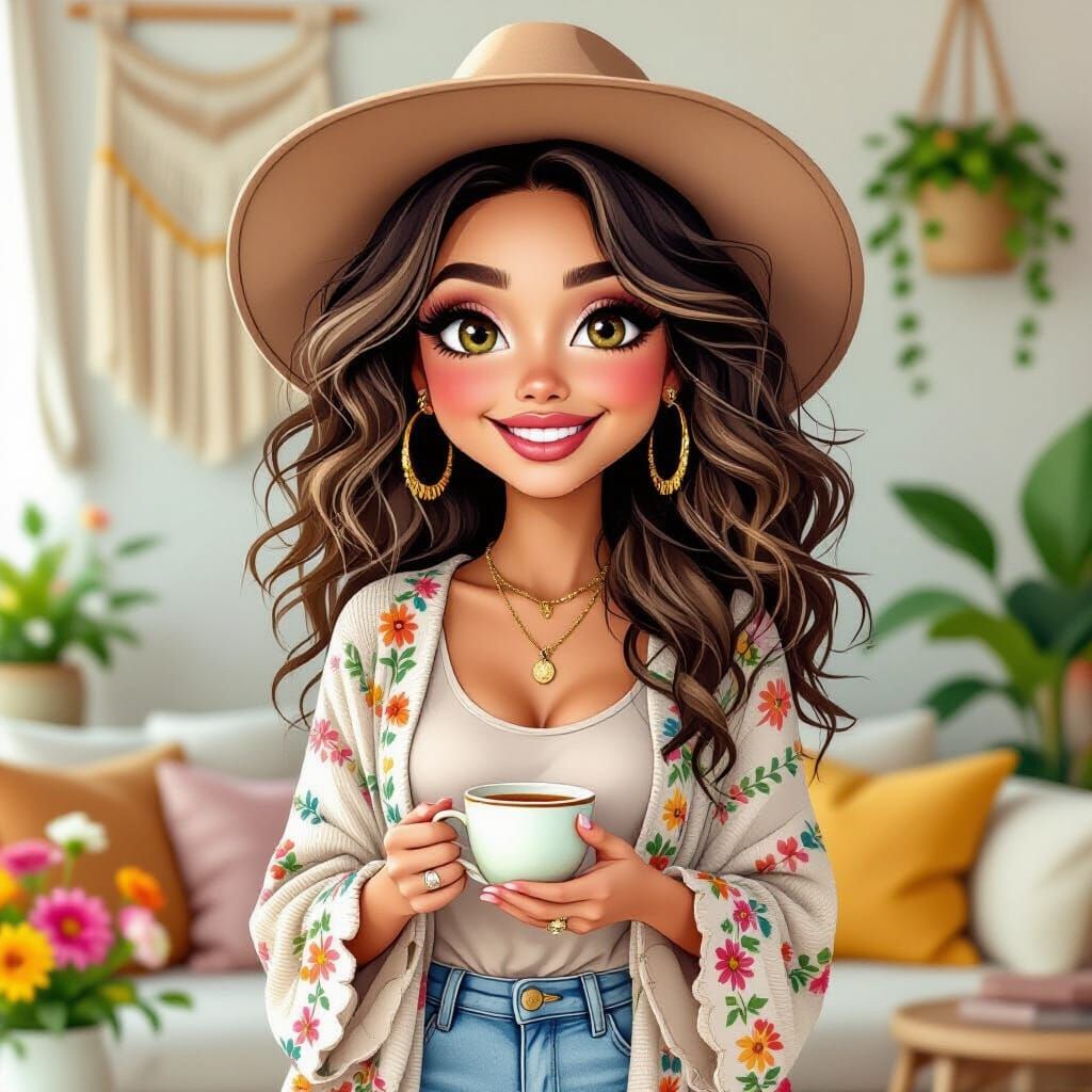 Bohemian Woman Caricature with Tea Cup in Oil and Charcoal