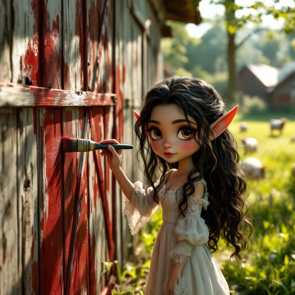 Chibi Elf Maiden Paints Barn Wall in Plaid