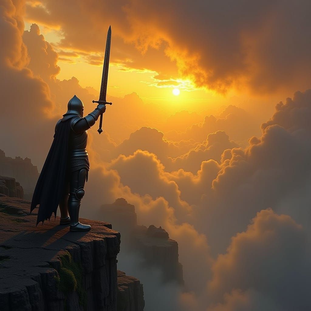 Brave Knight at Sunrise Over Misty Valley