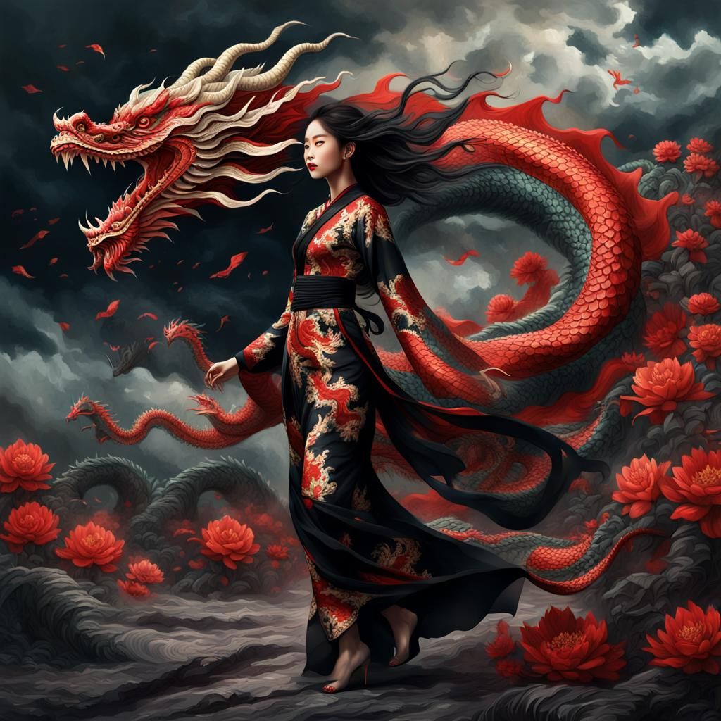Malaysian Woman with Dragon Print in Digital Painting