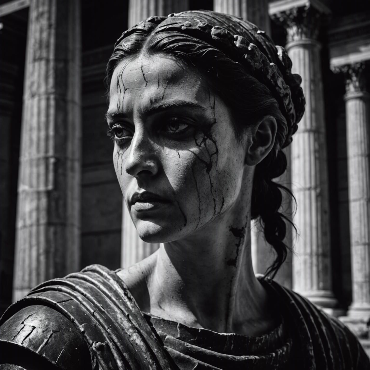 Gothic Model with Statues in Sunlight: Black and White Photo