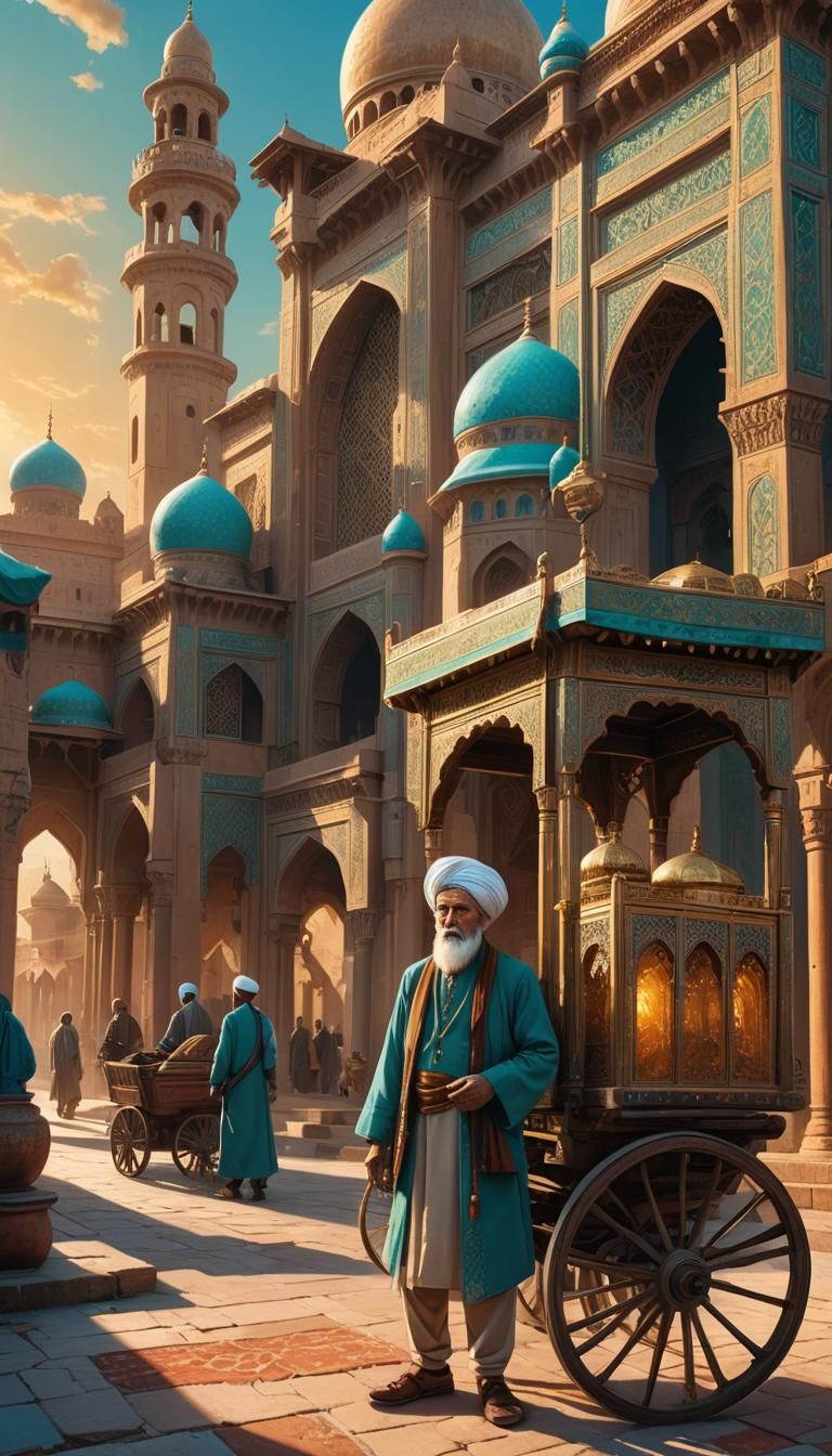 Trading Cart at Mosque, Fantasy Concept Art