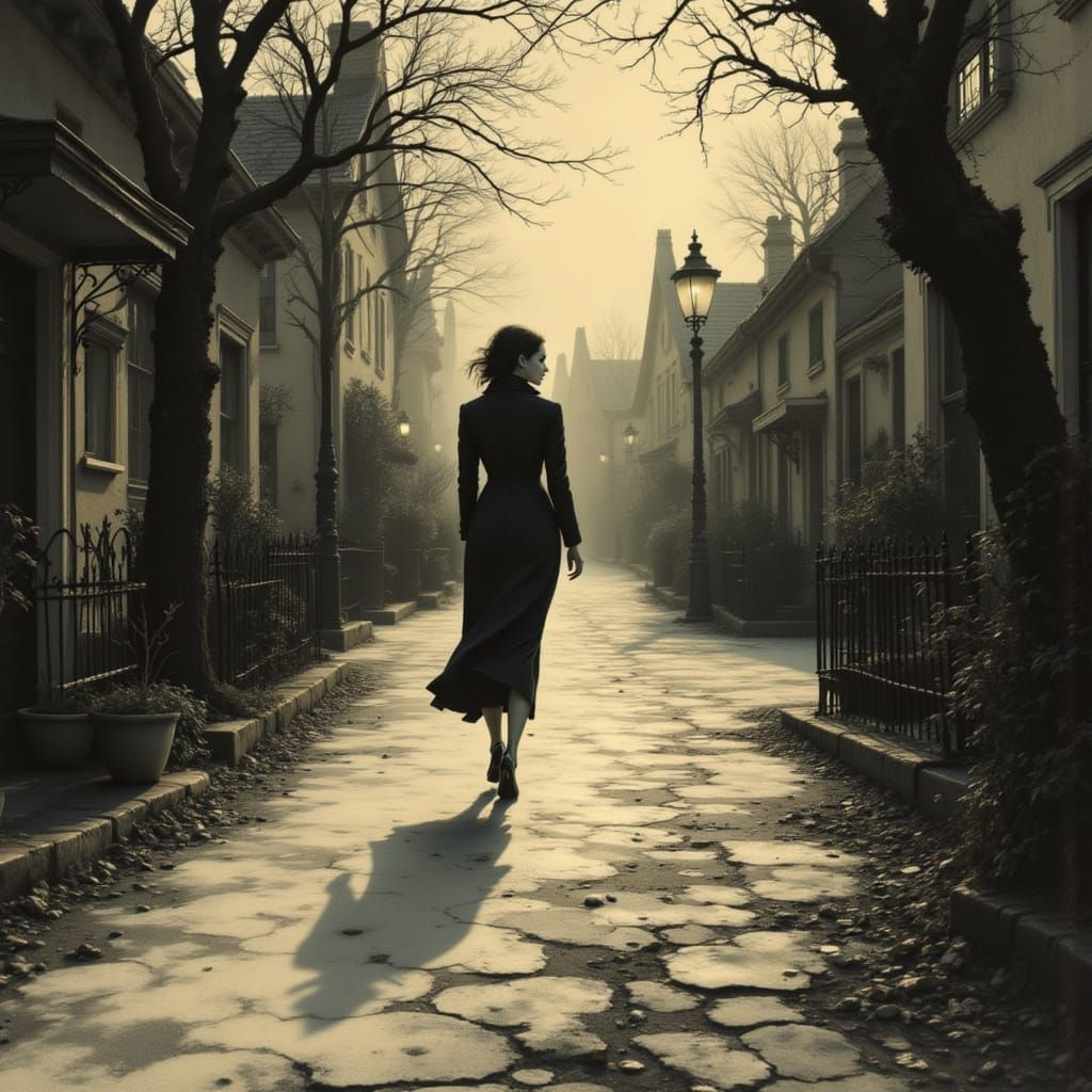 Woman Walking on Quiet Street in Moody Surrealism Style