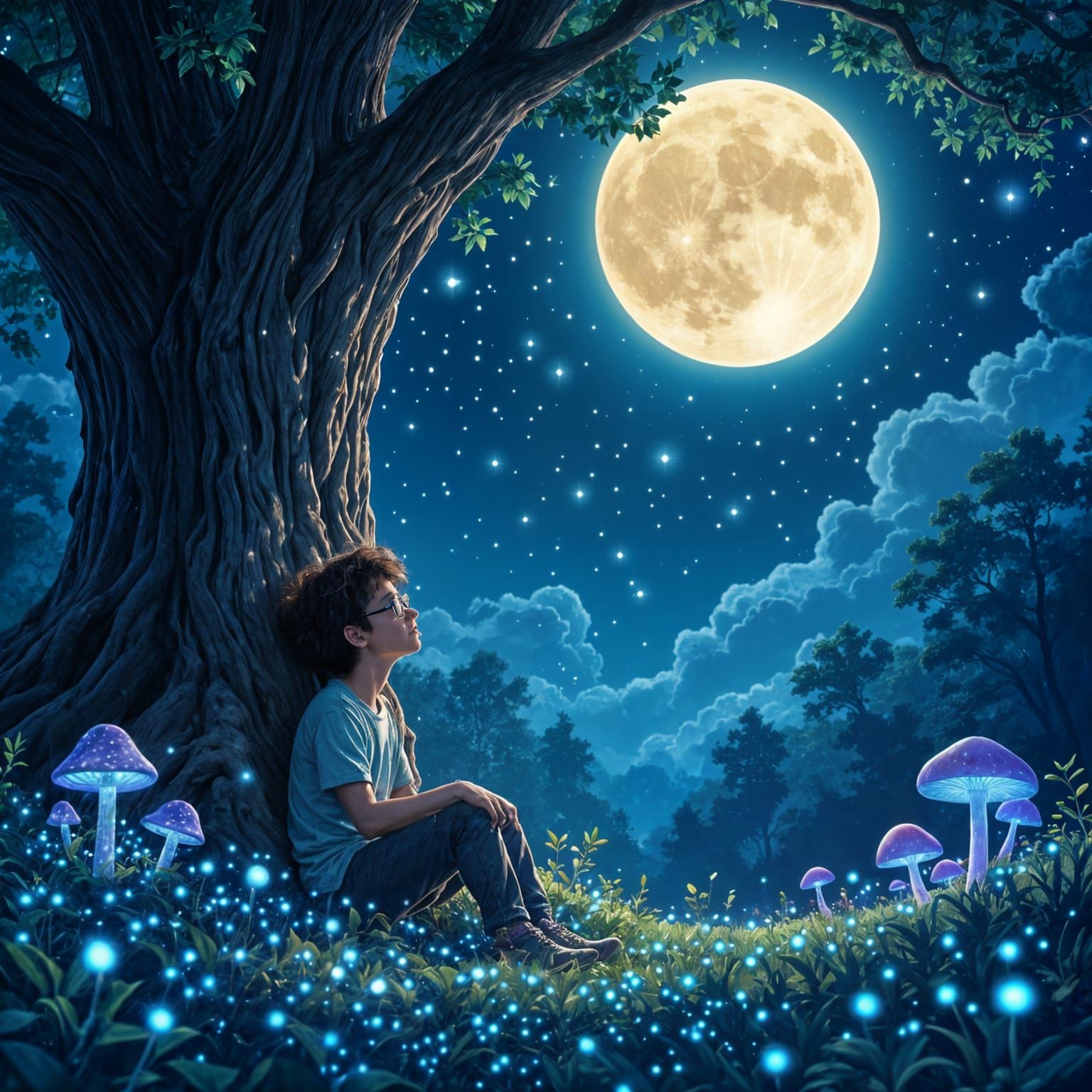 Glowing Magical Forest at Night with Bioluminescent Flora