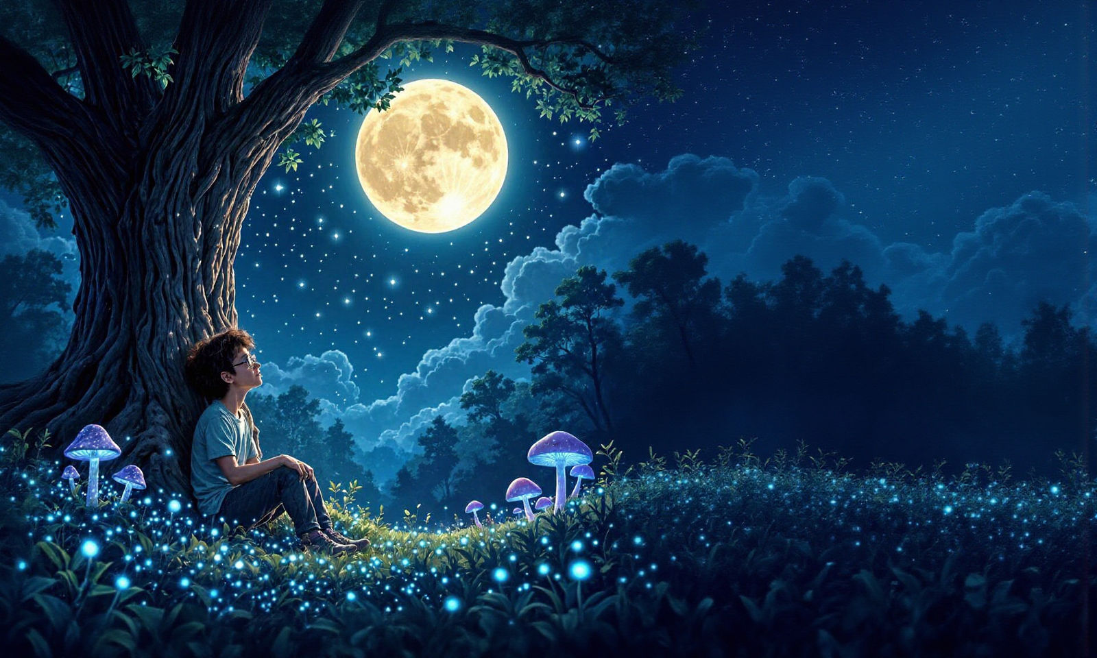 Enchanted Glowing Forest at Night Under a Full Moon