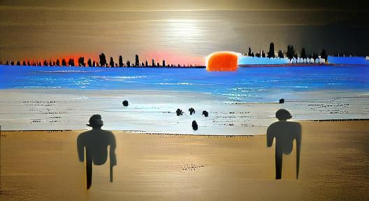 Beach Sunset Silhouette in Acrylic Art Style