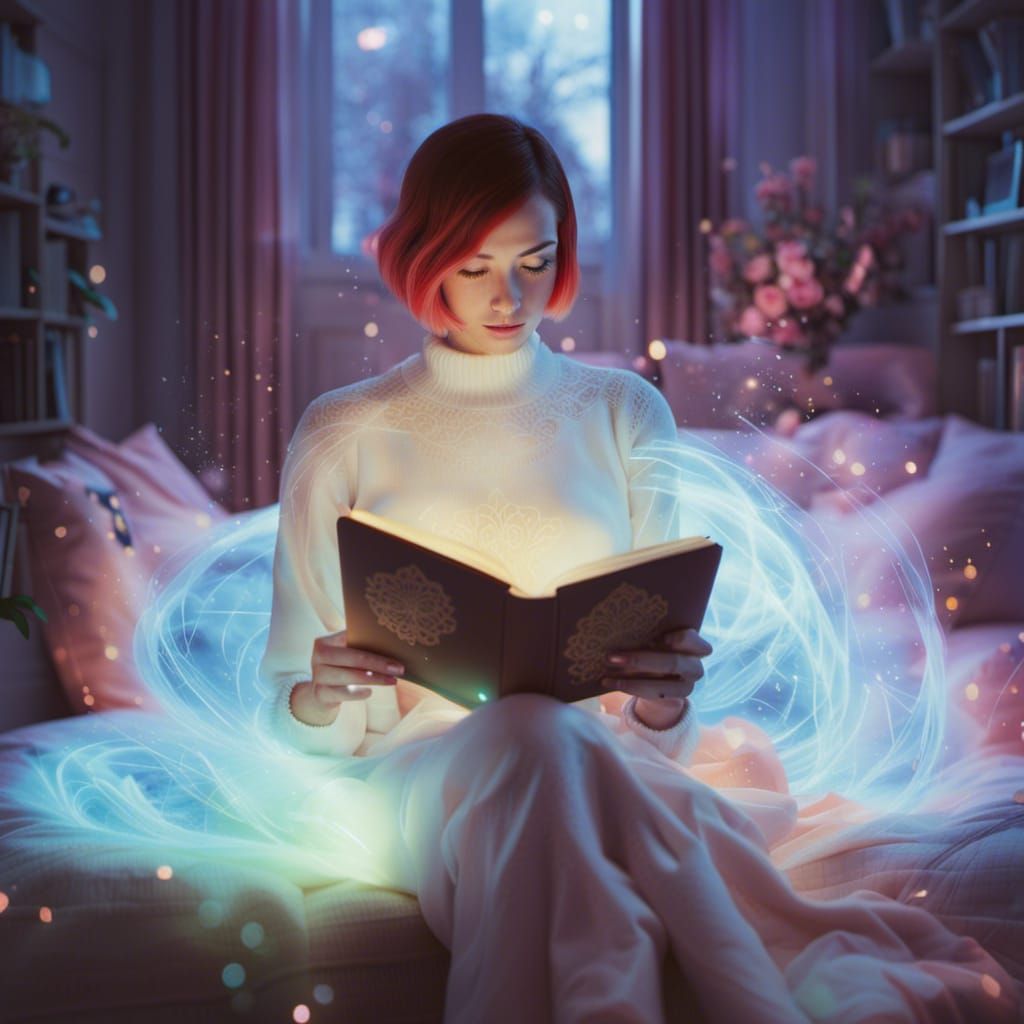 Woman Reading Magical Book in Hyperrealistic Interior