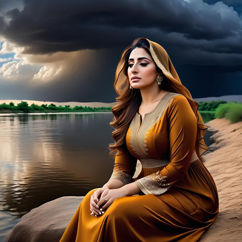 Sad Middle Eastern Woman Crying by Riverbank