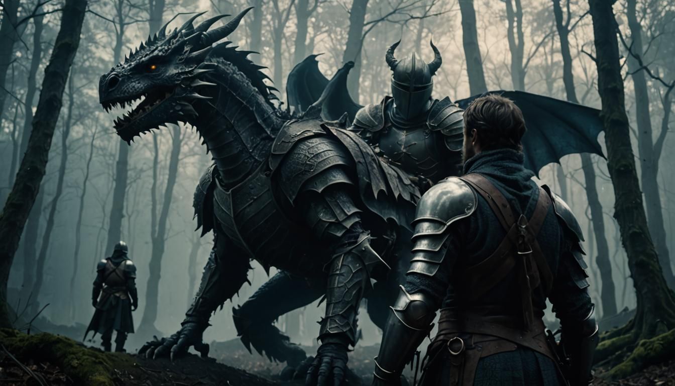 Knight Gazing at Dragon in Dark Fantasy Forest