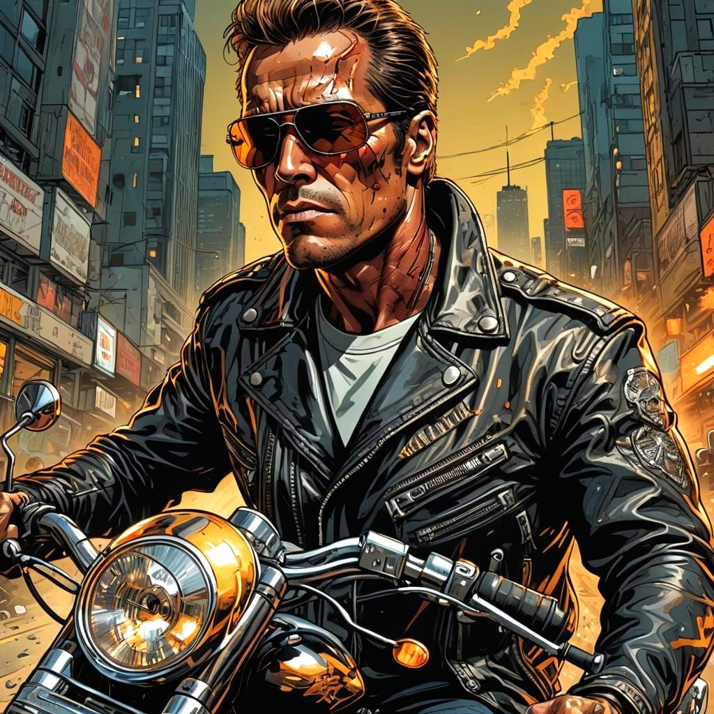 Terminator on Motorcycle: Comic Book Art