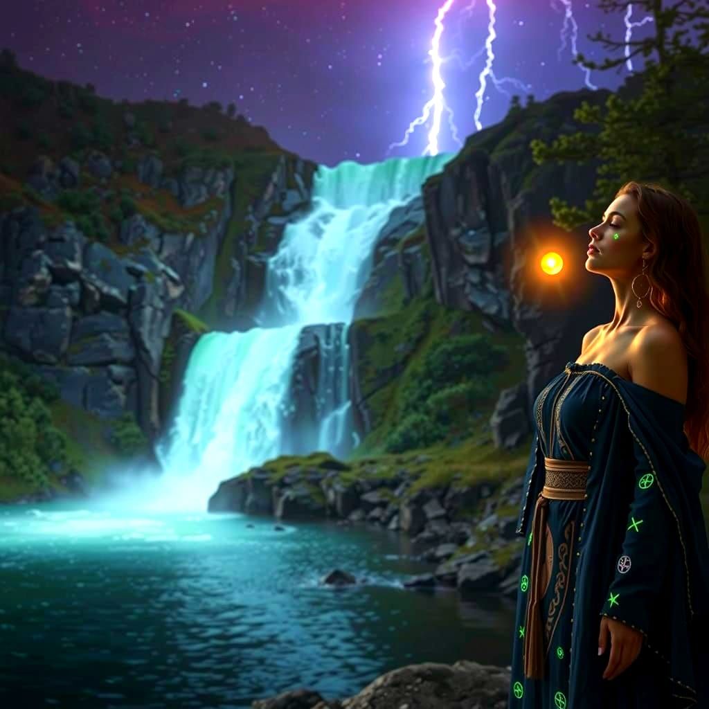 Fantasy Waterfall Oil Painting with Runic Symbols