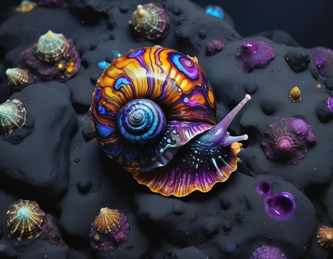 Fluorescent Sea Snail on Lava Rock in Alcohol Ink Style