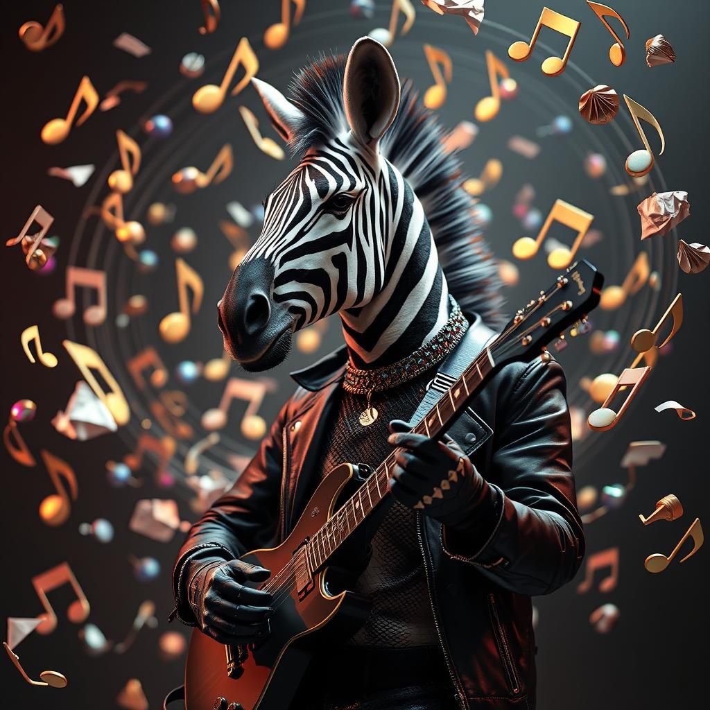 Drunken Zebra Guitarist with Musical Orbit in 3D