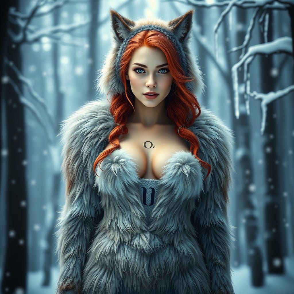 Majestic Werewolf Woman Embraces Winter Serenity in Hyper-Re...