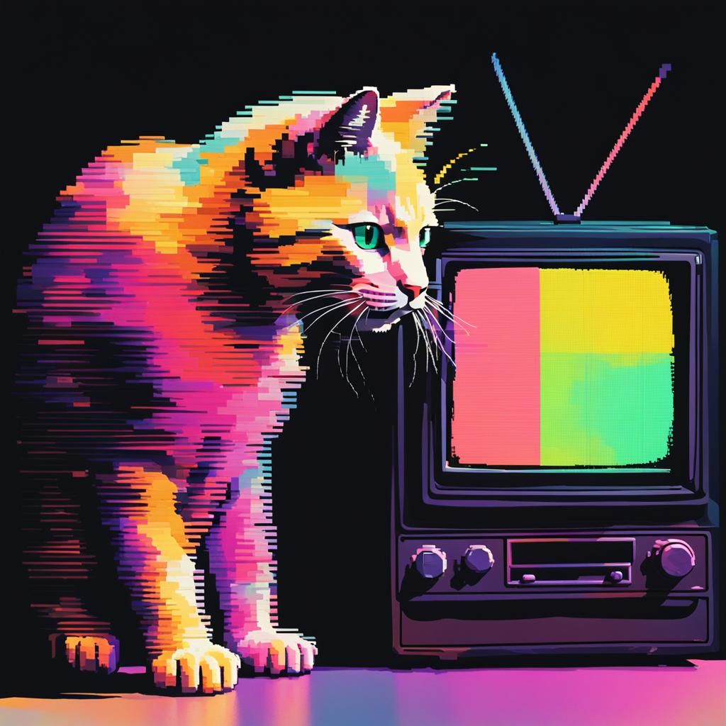 Fluorescent Pixel Cat Glitching Out of Television