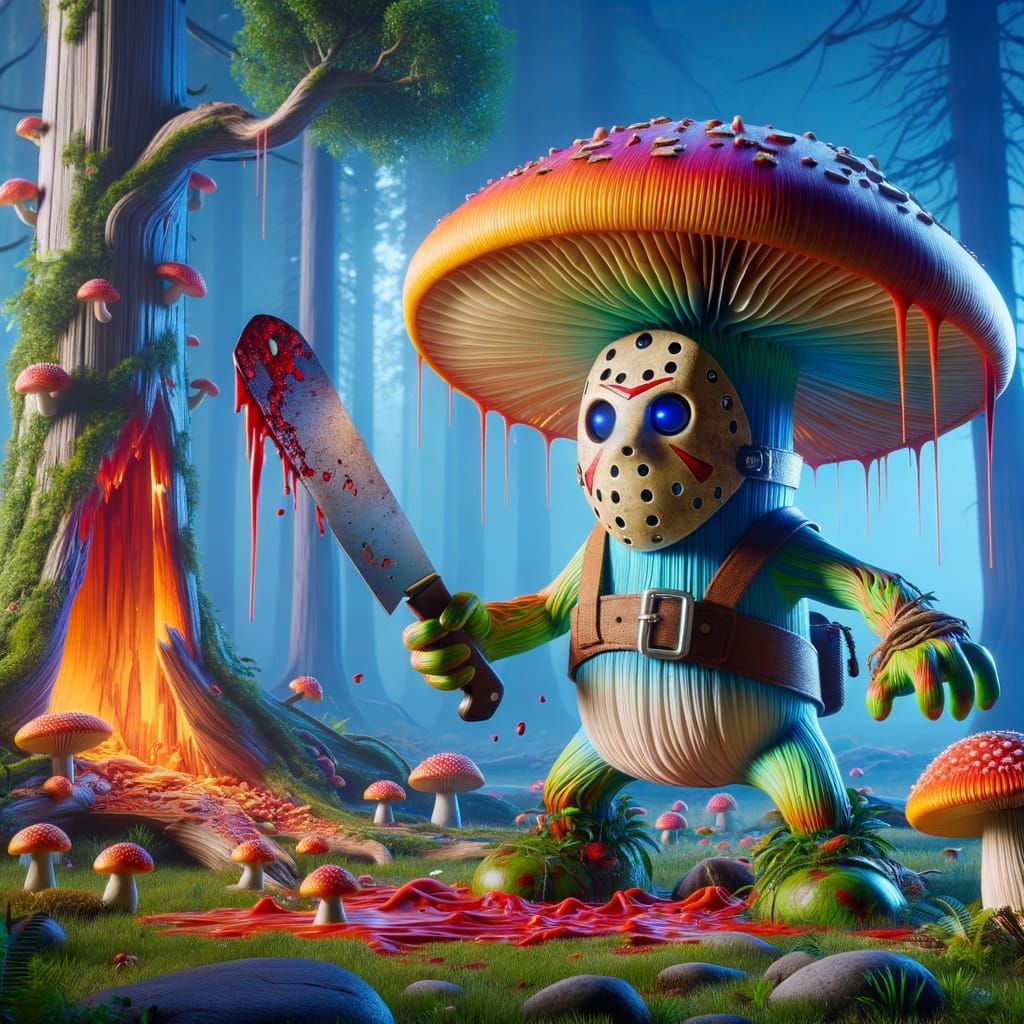 Surreal Fantasy Mushroom Wields Machete in Enchanted Landsca...