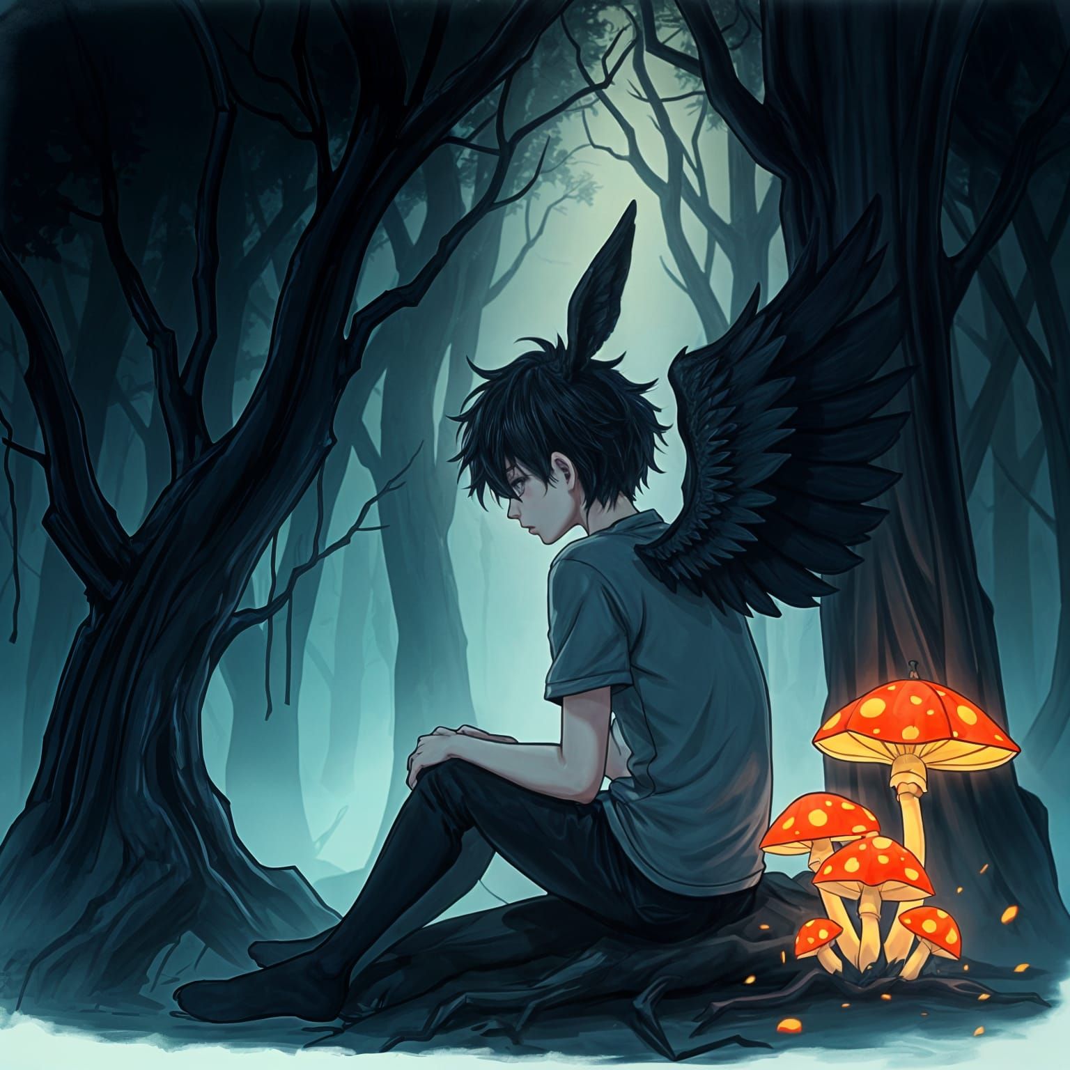 Mysterious Anime Youth with Dark Wings and Ears