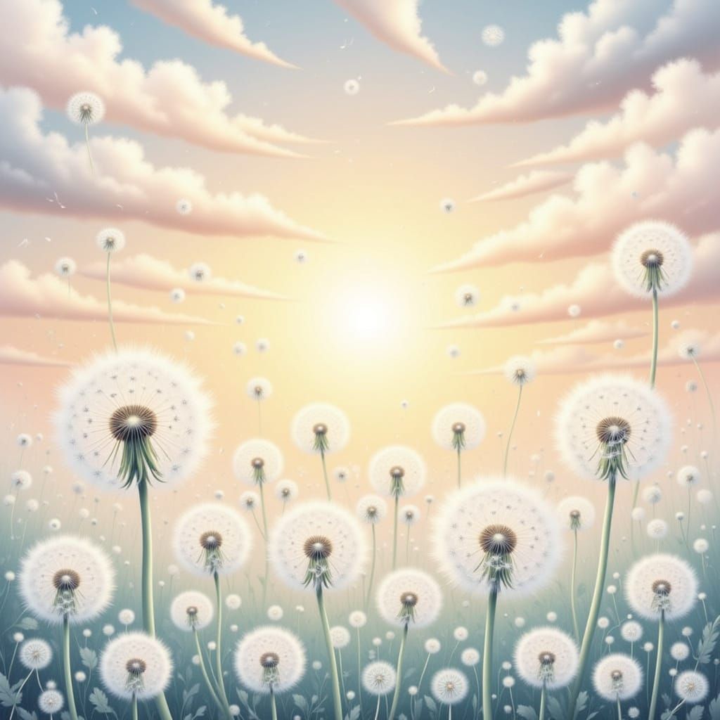 Dandelion Seed Heads Glowing at Sunrise in Pastel Style