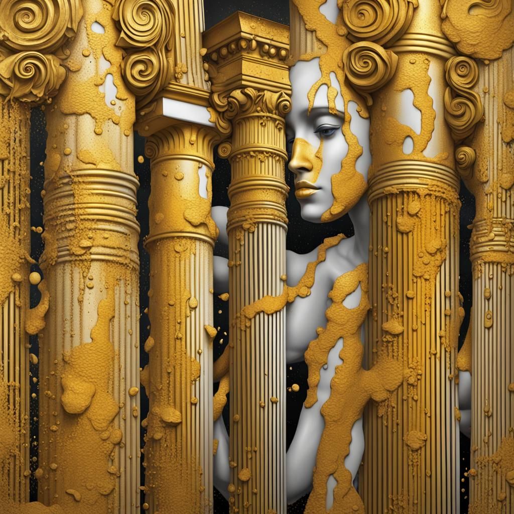 Golden Greek Columns in Graffiti Splash Art Style