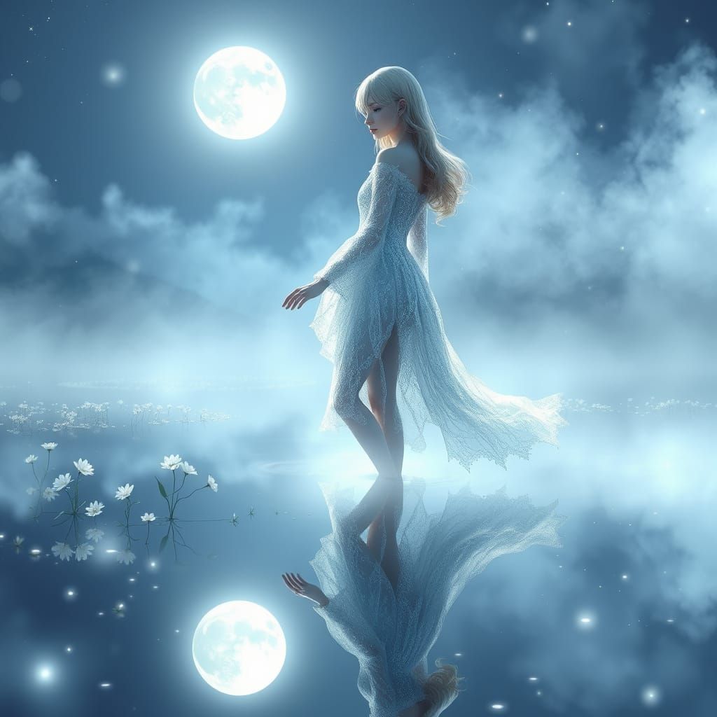 Moonlit Woman on a Mirrored Lake in WLOP Style