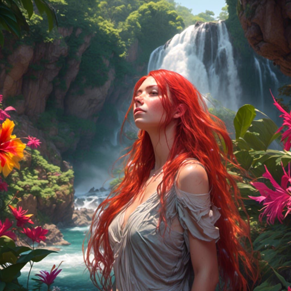 Vivid Portrait of Woman with Red Hair in Tropical Setting