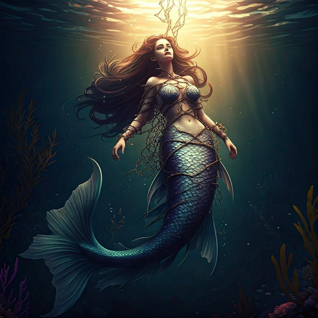 Mermaid Entangled: Art Nouveau Ocean Scene