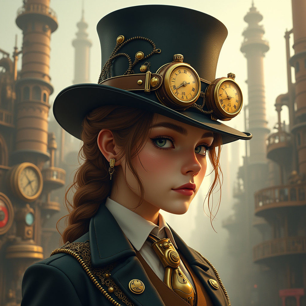 Steampunk Portrait with Vintage Top Hat and Gears