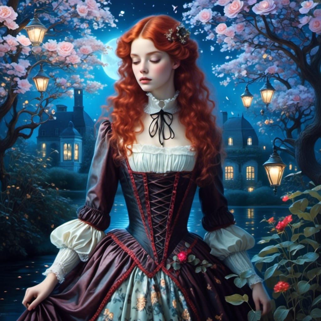 Victorian Redhead in Midnight Garden