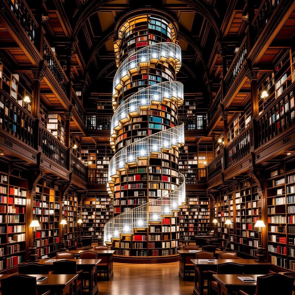 Shimmering Spider Silk Books in a Towering Library