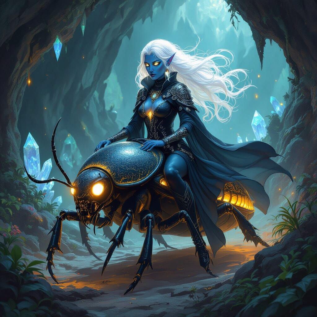 Drow Sorceress on Bioluminescent Beetle in Crystal Cave