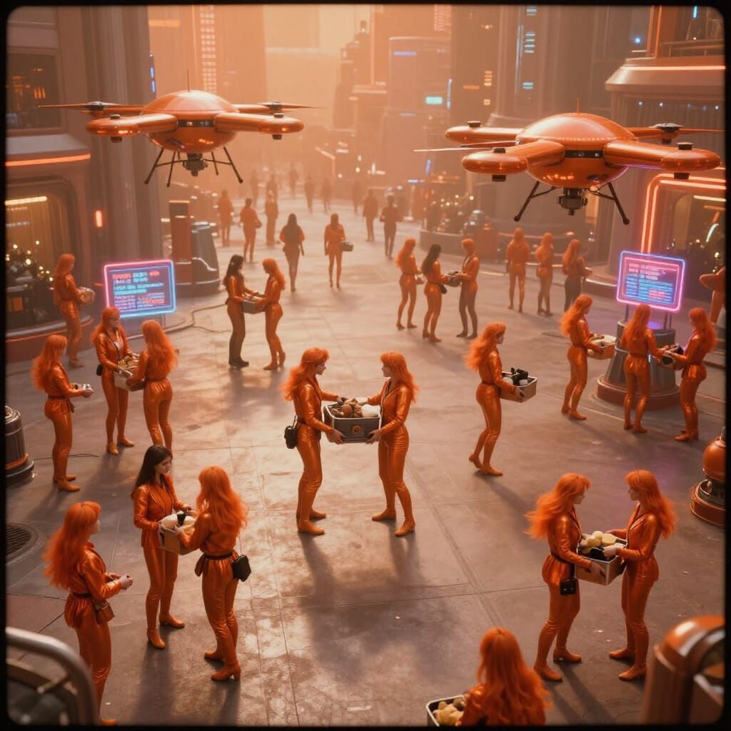 Retro Futuristic City Square in Orange Haze