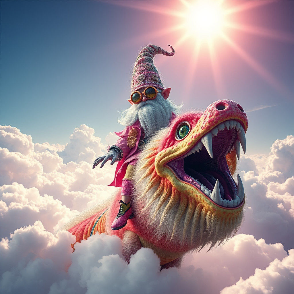 Ethereal Gnome Rides Celestial Serpent in Vibrant Digital Ar...