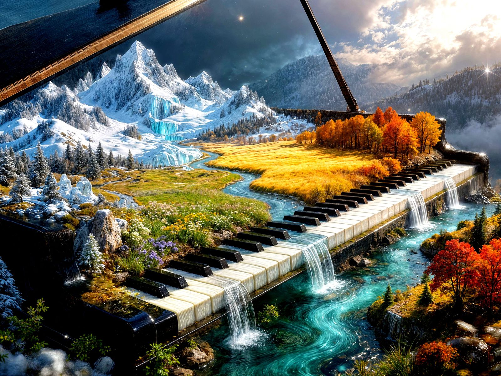 Four Seasons Merging on a Grand Piano Landscape