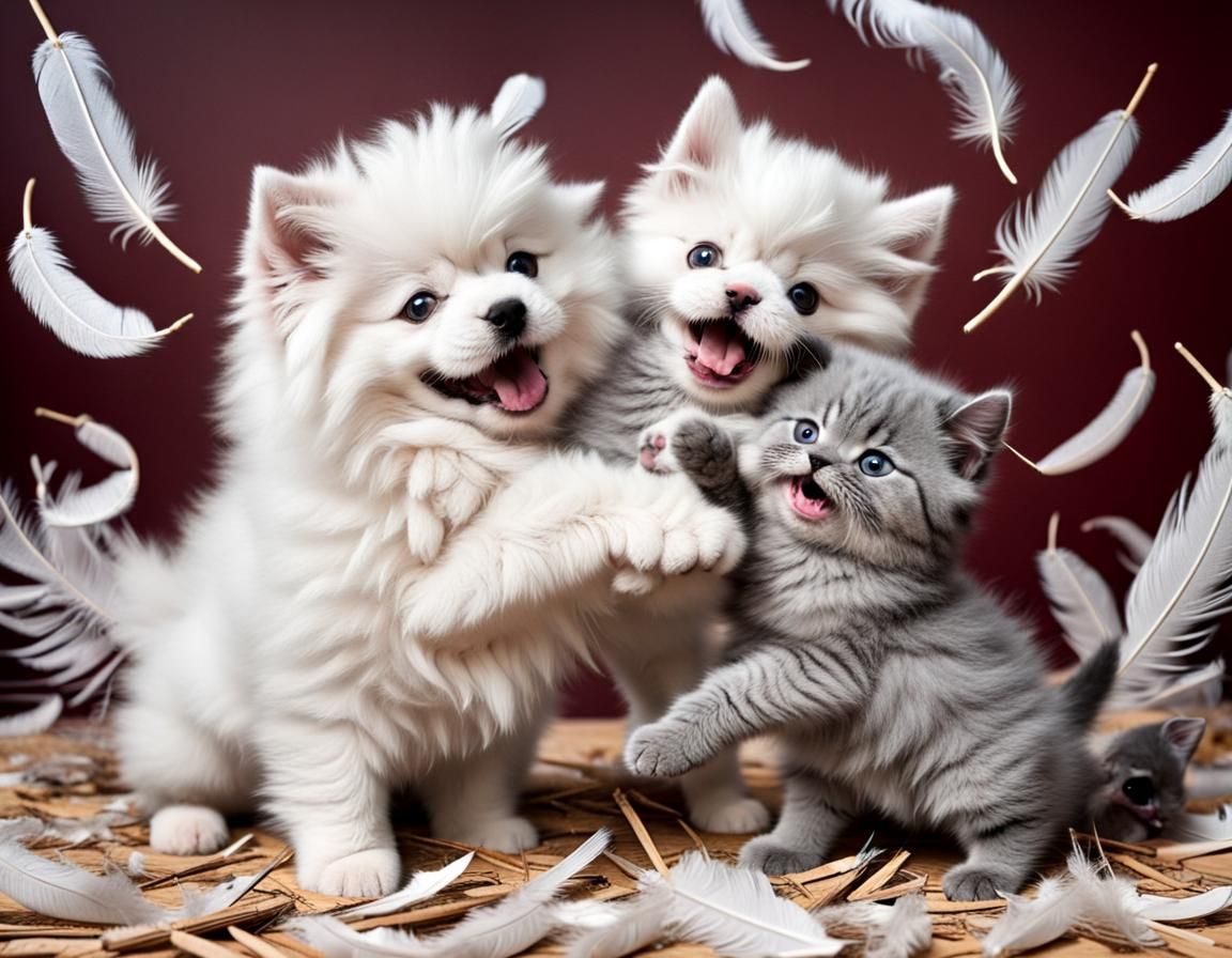 Samoyed Puppy and Kitten Play Fighting