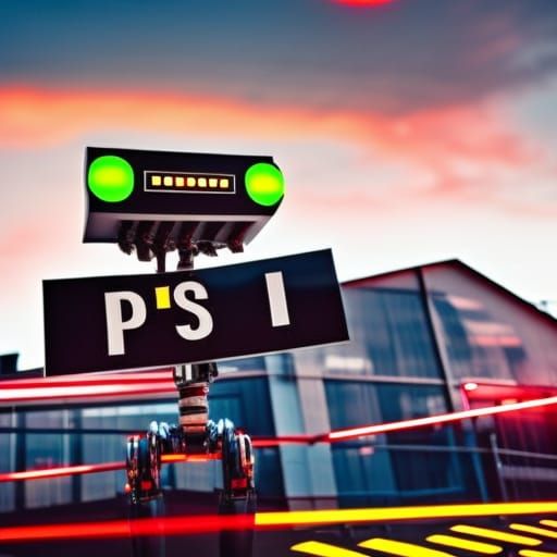 Hyperrealistic Robot Holding Sign in Atmospheric Lighting