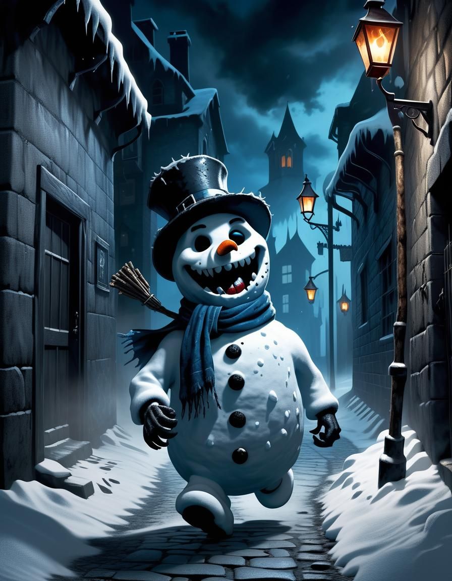 Evil Snowman Stalks Dark Alley in Gothic Concept Art