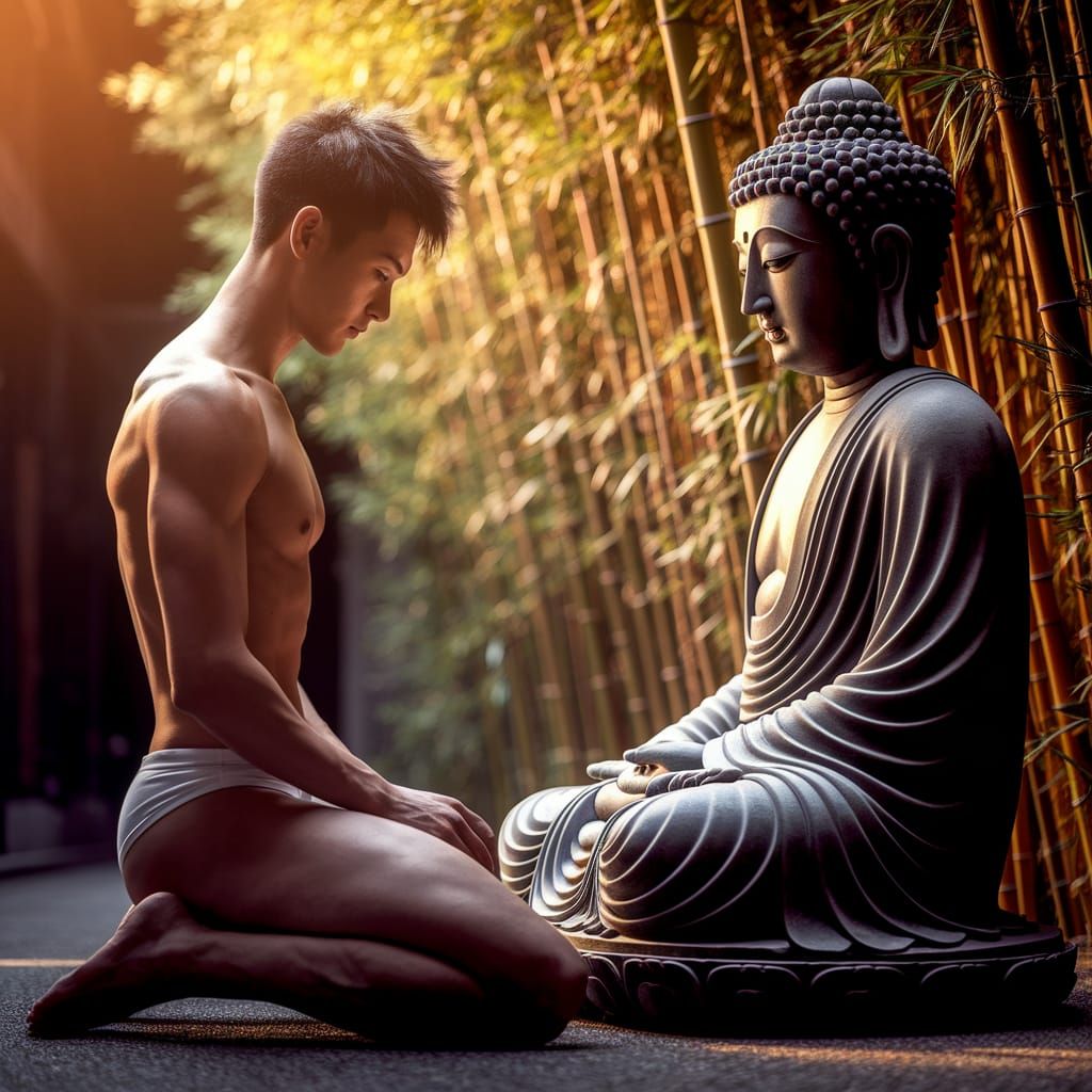 Japanese Man Kneeling Before Buddha Statue