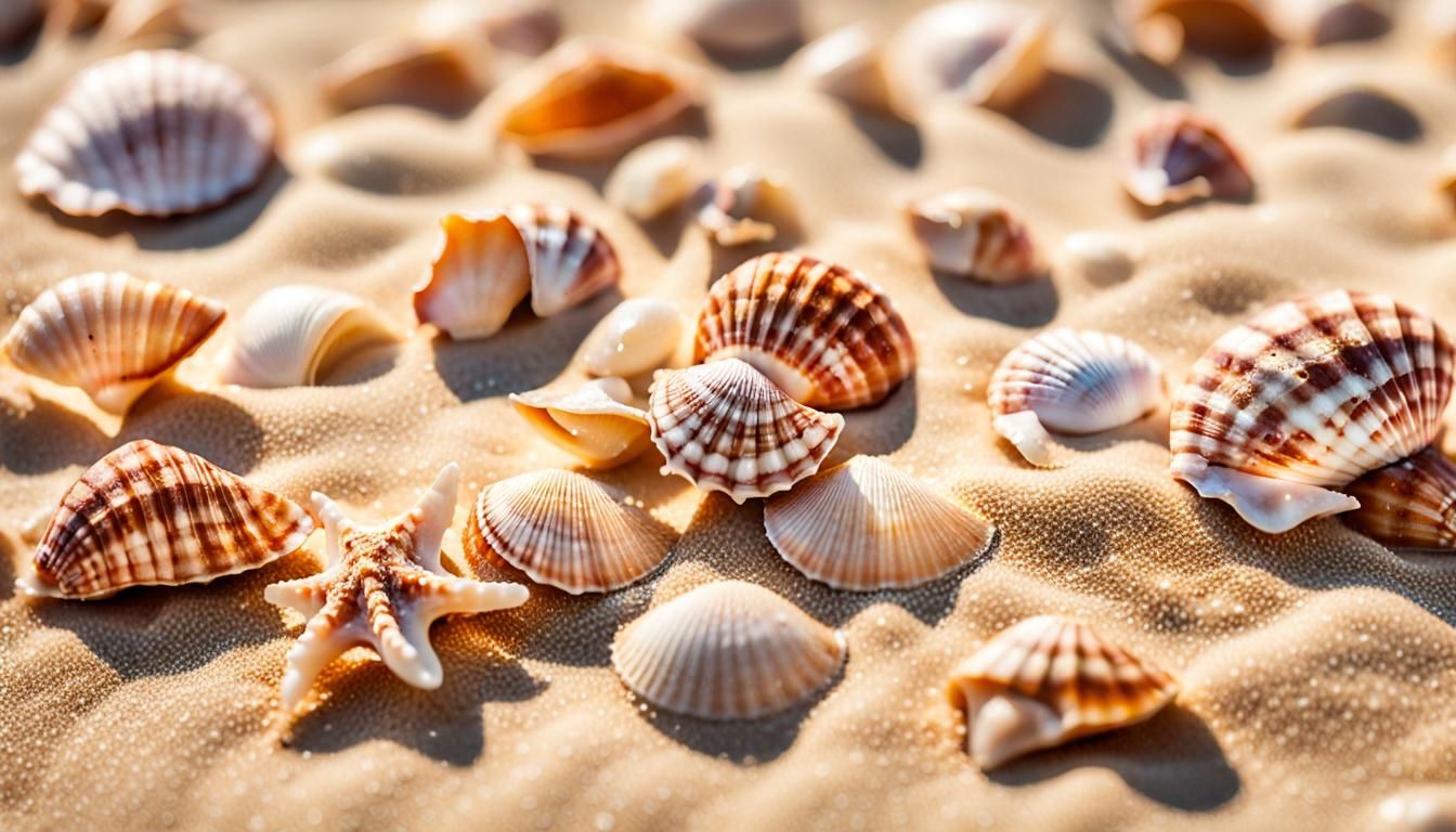 Macro Seashells on Beige Sand in Sunlight