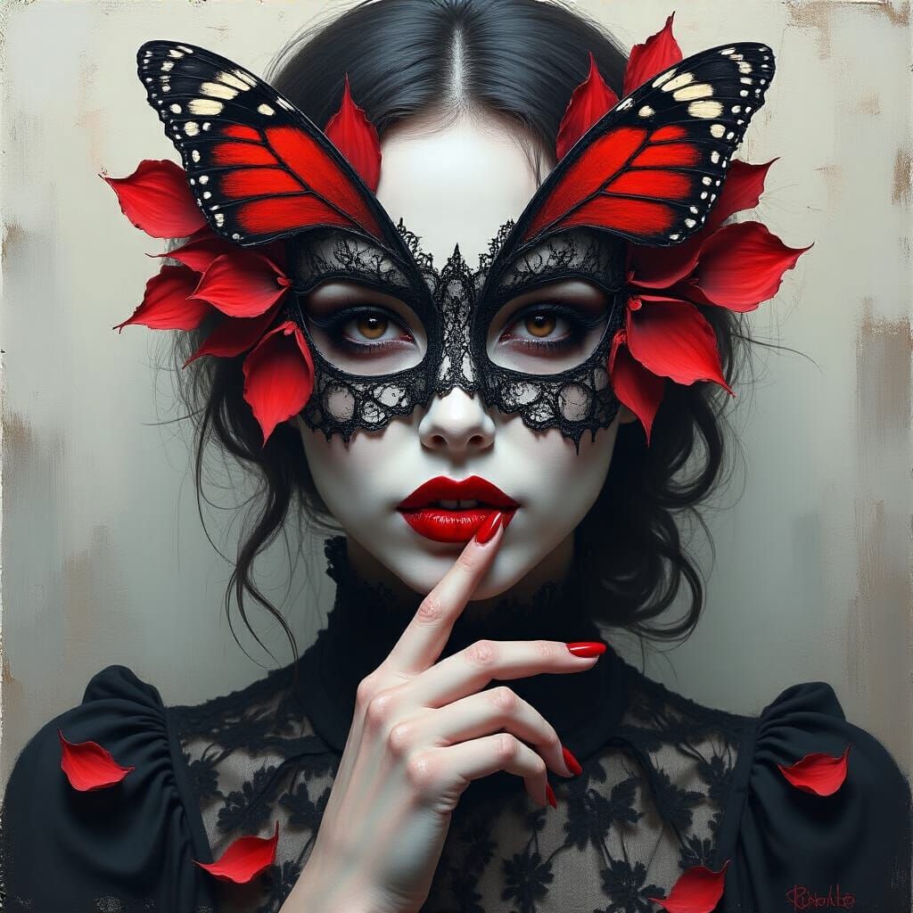 Mysterious Woman's Butterfly Mask Portrait in Expressive Rea...