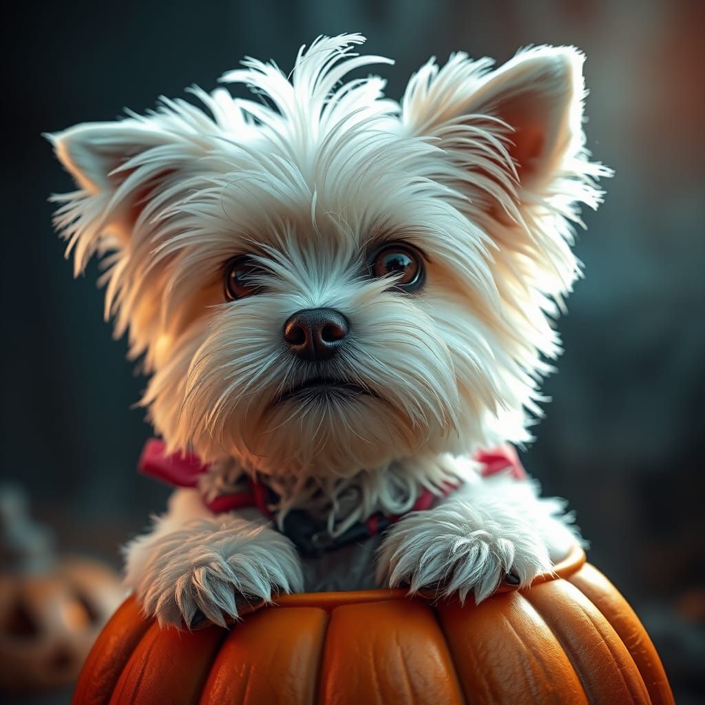 Yorkie Trick-or-Treat Portrait: Photorealistic Digital Art