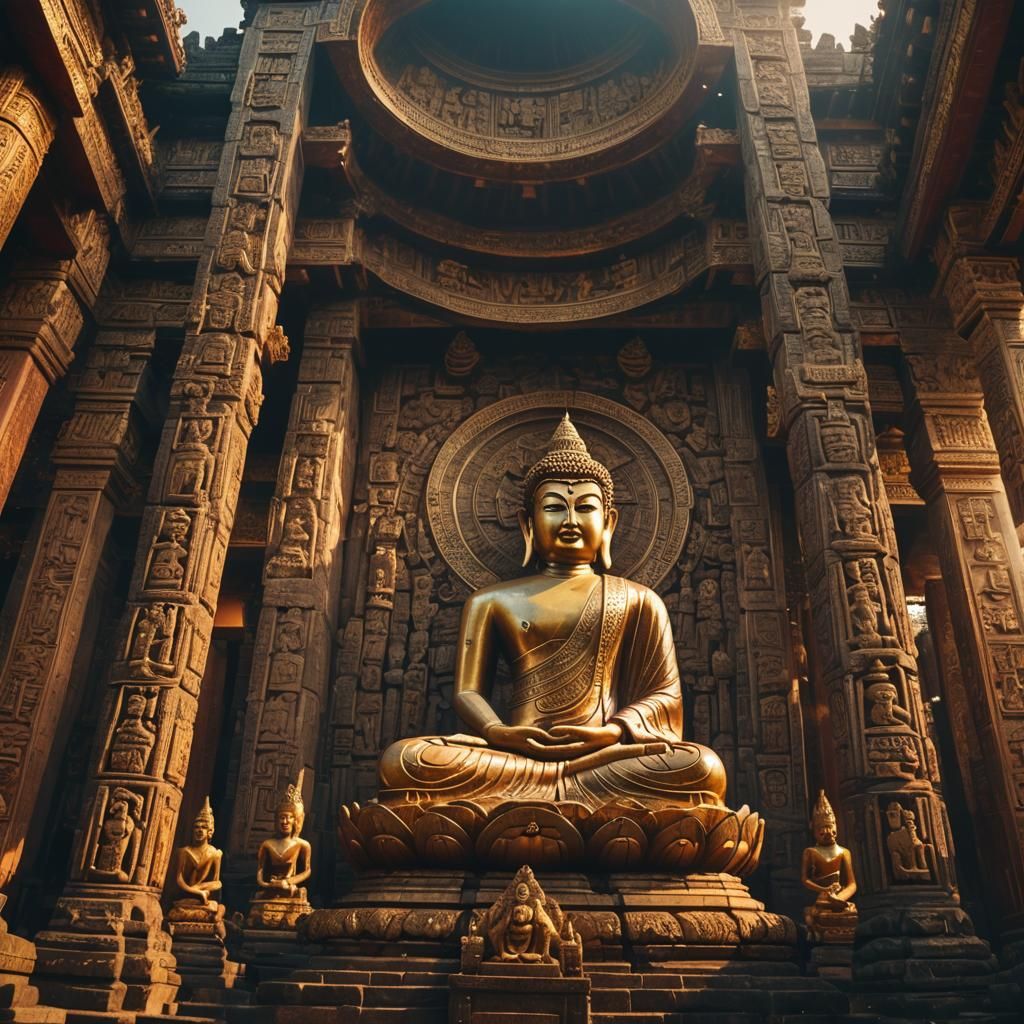 Majestic Temple with Buddha Statue in Golden Light