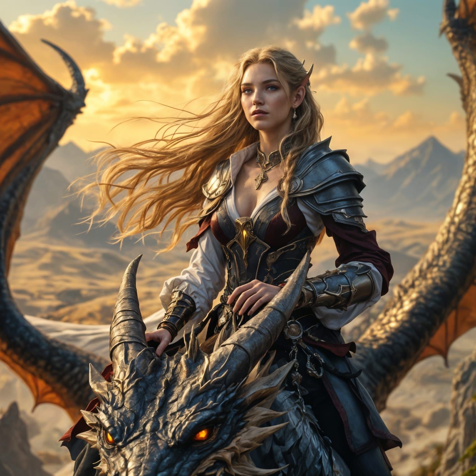 Elegant Half-Elf Noble Rides Majestic Bronze Dragon