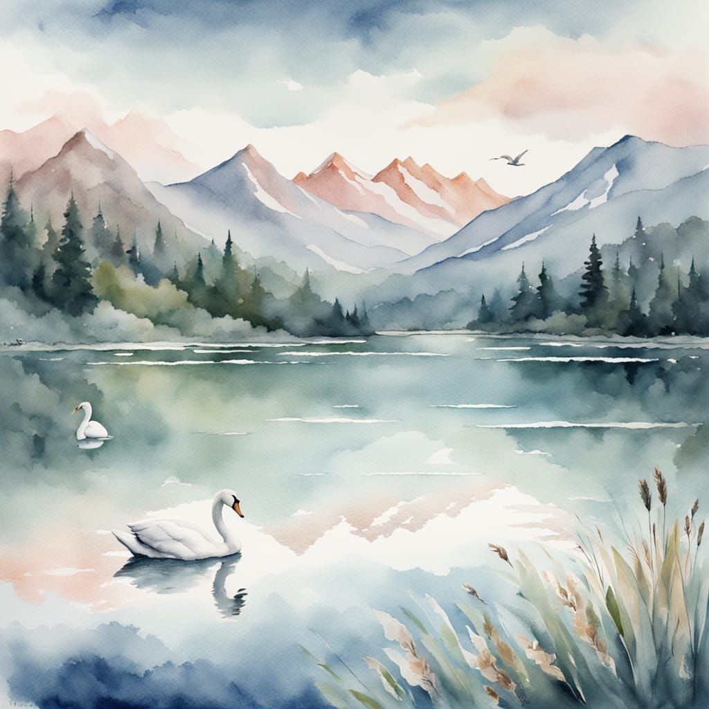 Serene Mountain Lake Reflection in Watercolor