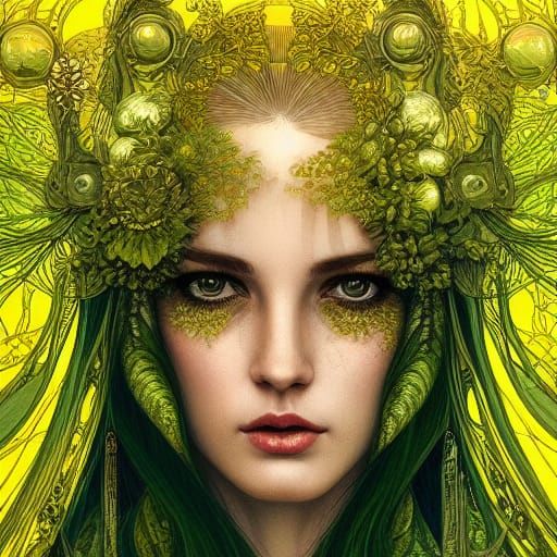 Intricate Woman in Yellow-Green, Cel-Shaded Style