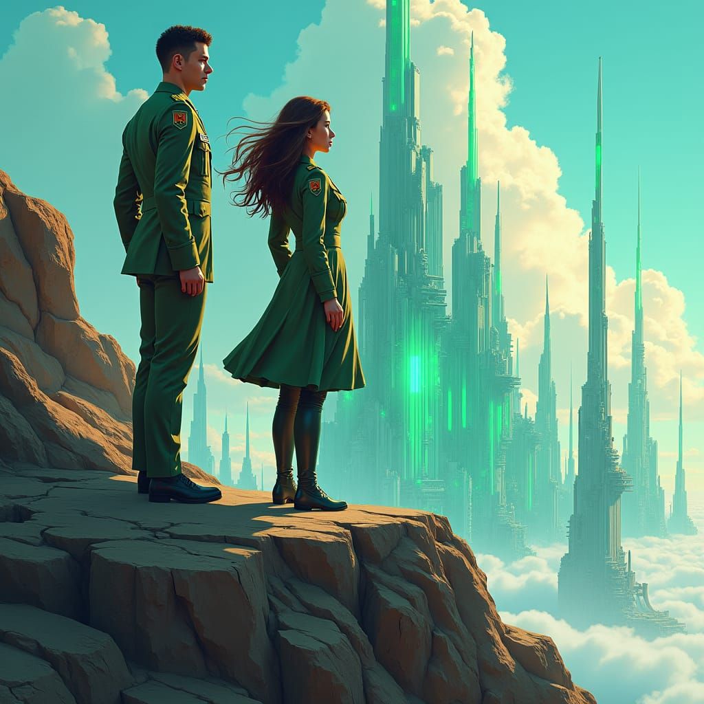 Futuristic Emerald City View with Air Force Officers